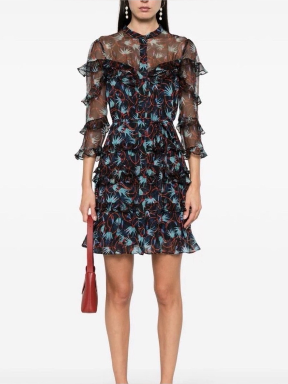 SALONI Tasha Abstract Black Floral Ruffle Mini Dress Teal Accents Silk